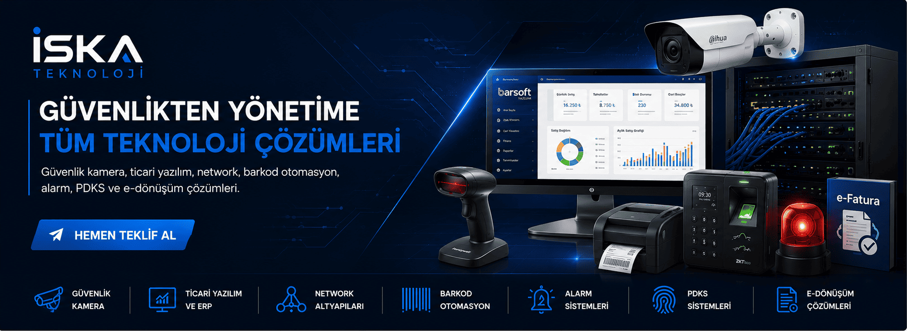 İSKA Teknoloji ana sayfa sliderı; Turhal merkezli güvenlik kamera sistemleri, ticari yazılım, ERP, network altyapıları, barkod otomasyon, alarm sistemleri ve e-dönüşüm çözümlerini tanıtan kurumsal banner.